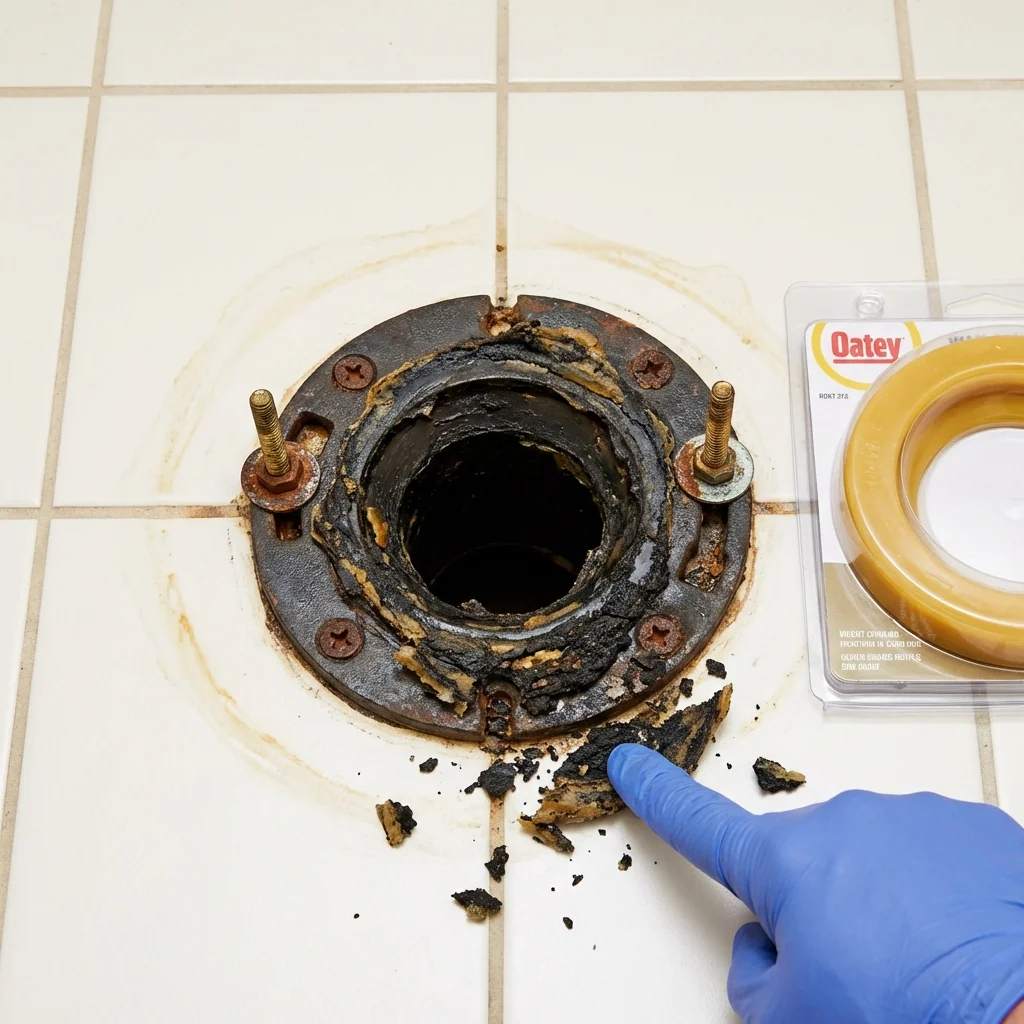 Failed wax ring showing water seepage at the base of a toilet in a Sylvania, OH home