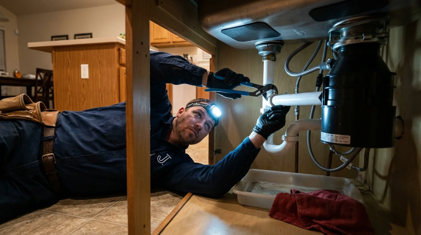 P-trap and supply line connections under a kitchen sink showing a common leak point in Sylvania, OH